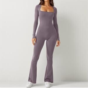 Long Sleeve Jumpsuits Square Neck Wide Leg Full Length Romper Playsuit Flare